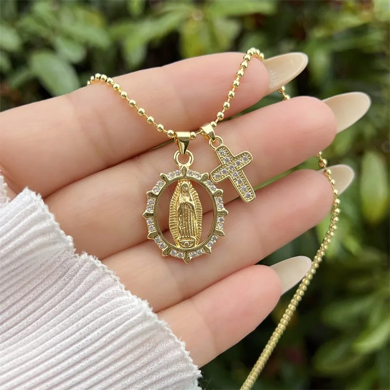 18K Gold Plated Multi-style Virgin Mary Cross Combination Zircon Necklace Classic Simple Style Daily Wear Gift Copper Pendant Lobster Clasp