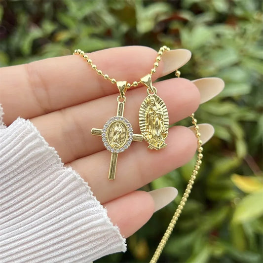 18K Gold Plated Multi-style Virgin Mary Cross Combination Zircon Necklace Classic Simple Style Daily Wear Gift Copper Pendant Lobster Clasp