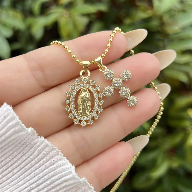 18K Gold Plated Multi-style Virgin Mary Cross Combination Zircon Necklace Classic Simple Style Daily Wear Gift Copper Pendant Lobster Clasp