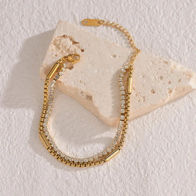 18K Gold Plated Stainless Steel Double Layer Diamond Chain Bracelet Simple Design Non-Fading Women's Jewelry