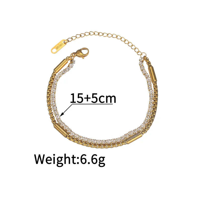 18K Gold Plated Stainless Steel Double Layer Diamond Chain Bracelet Simple Design Non-Fading Women's Jewelry