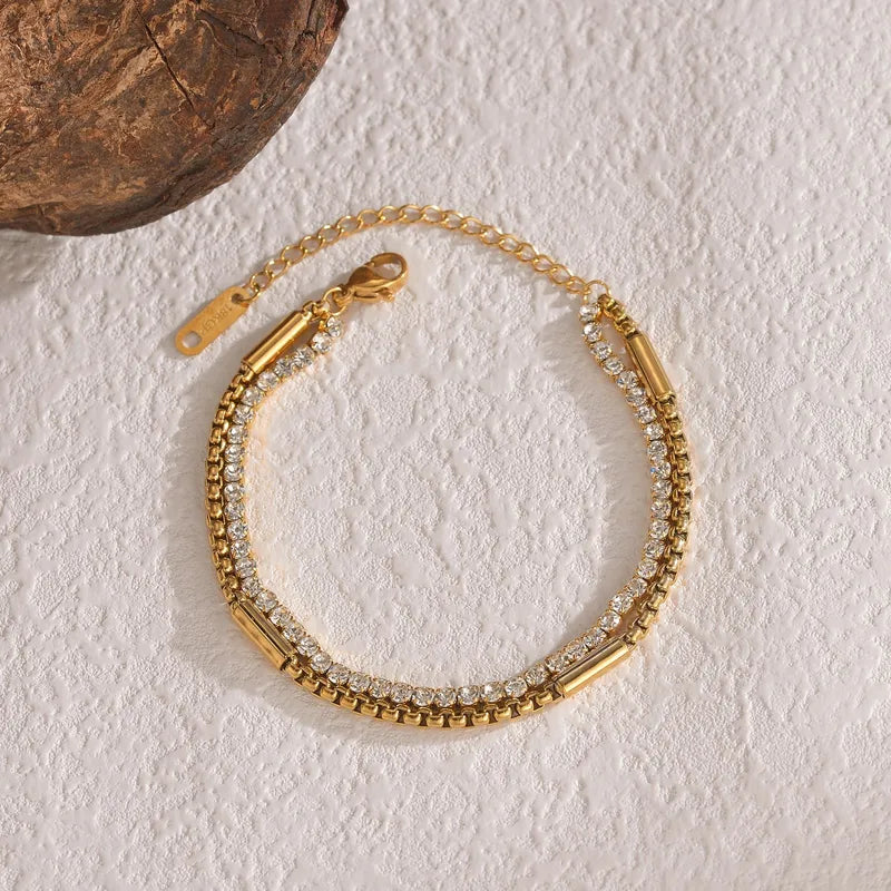 18K Gold Plated Stainless Steel Double Layer Diamond Chain Bracelet Simple Design Non-Fading Women's Jewelry