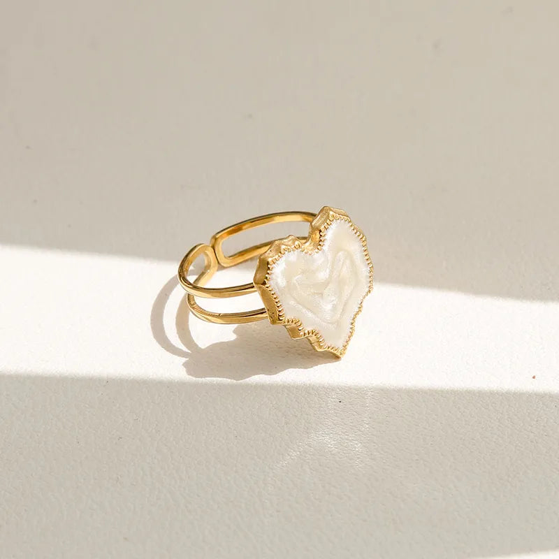 18K Gold Plated Stainless Steel Open Ring Adjustable Size Heart And Flower Pattern Rings For Women Casual Original Design Jewelry