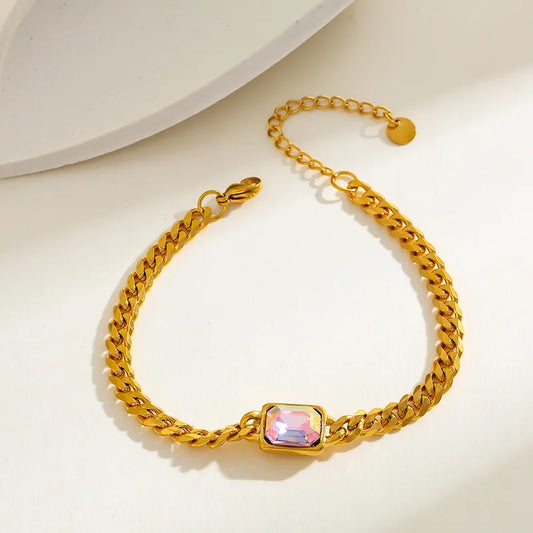 18K Gold Plated Stainless Steel Rectangular Zirconia Embedded Bracelet Casual Elegant Cute Women's Style Lobster Clasp Bracelet