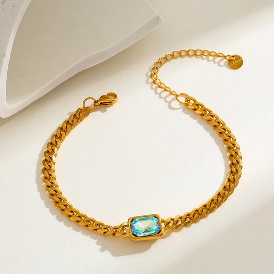 18K Gold Plated Stainless Steel Rectangular Zirconia Embedded Bracelet Casual Elegant Cute Women's Style Lobster Clasp Bracelet