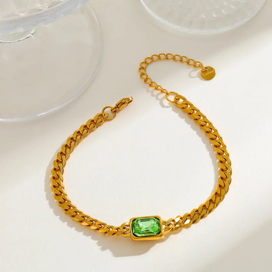 18K Gold Plated Stainless Steel Rectangular Zirconia Embedded Bracelet Casual Elegant Cute Women's Style Lobster Clasp Bracelet