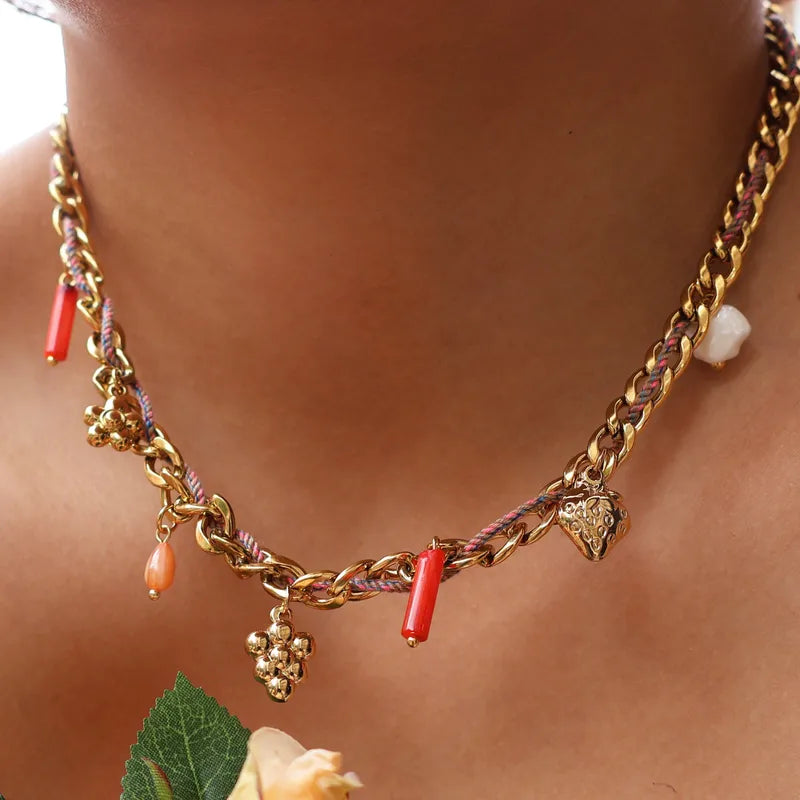 18K Gold Plated Stainless Steel Strawberry Flower Rope Chain Necklace Elegant Casual Beach Date Festival Jewelry Accessory