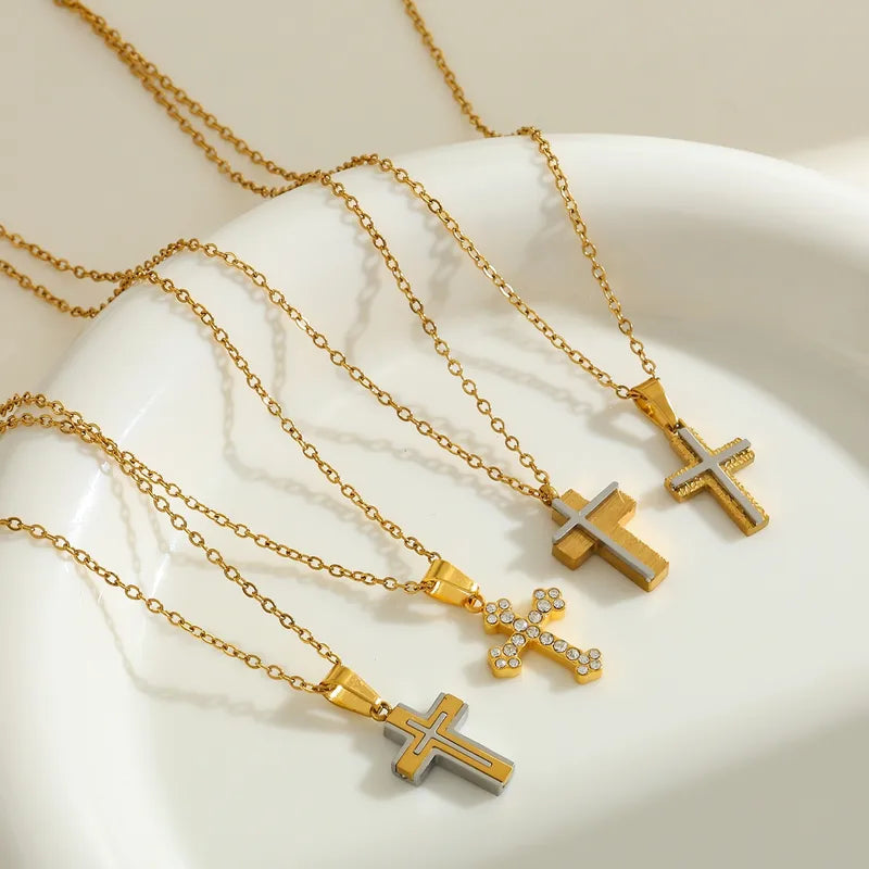 18K Gold Plated Stainless Steel Zircon Cross Pendant Necklace Elegant Vintage Simple Artistic Cable Chain Jewelry Accessory