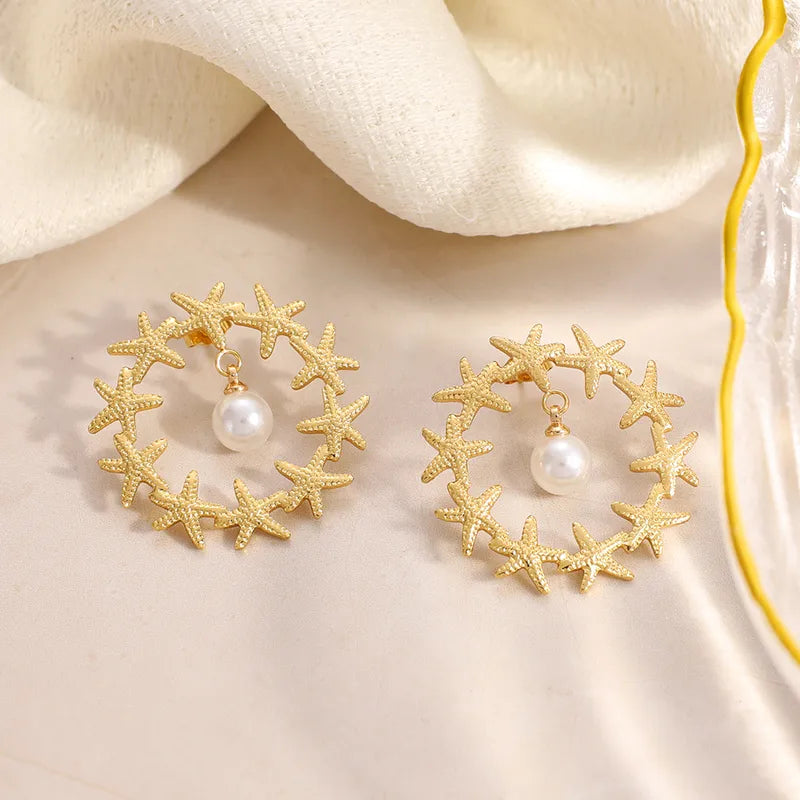 18K Gold Plated Starfish And Pearl Pendant Fashion OL304 Stainless Steel Earrings Glass