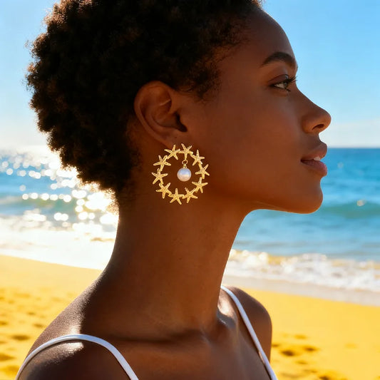 18K Gold Plated Starfish And Pearl Pendant Fashion OL304 Stainless Steel Earrings Glass