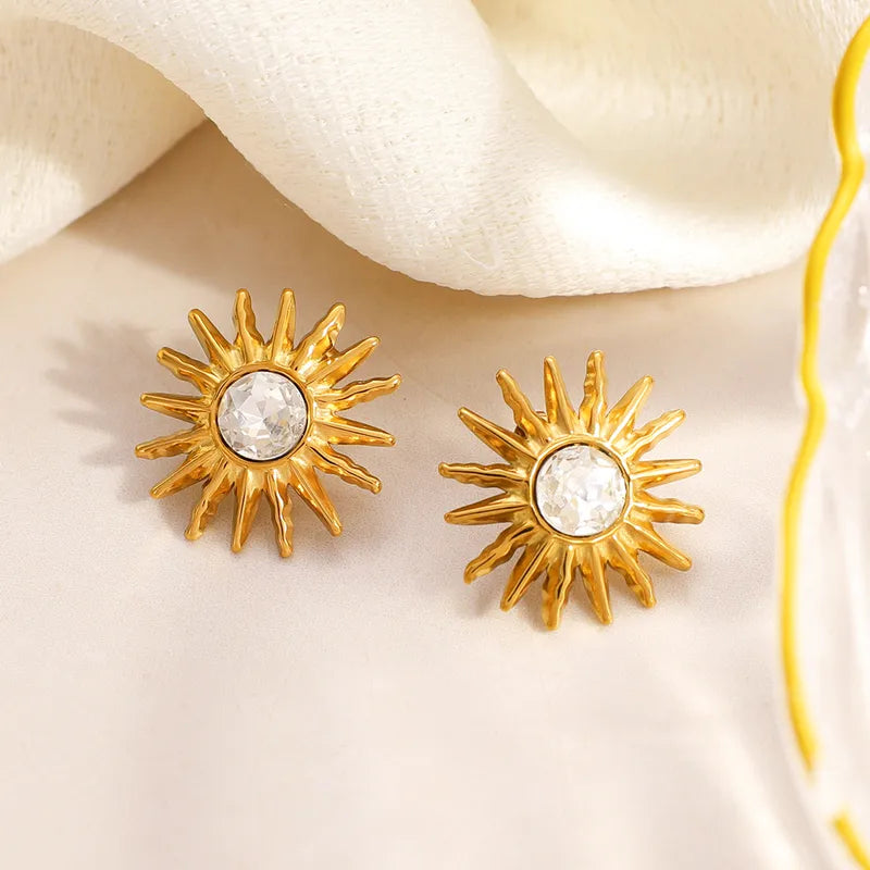 18K Gold Plated Vacuum Electroplating (In Furnace) Inlaid Diamond Sunflower Simple Fashion OL 304 Stainless Steel Earrings