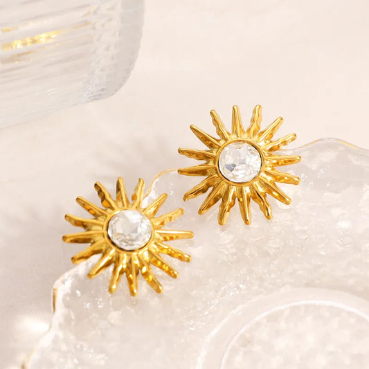 18K Gold Plated Vacuum Electroplating (In Furnace) Inlaid Diamond Sunflower Simple Fashion OL 304 Stainless Steel Earrings