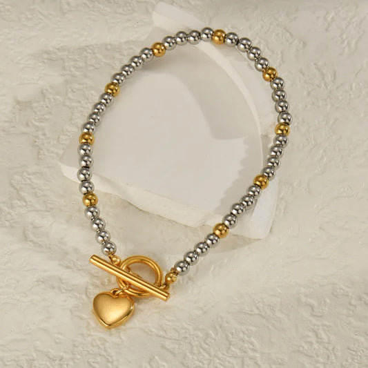 18K Gold Stainless Steel Bracelet For Women, Simple Heart Pendant Jewelry, Titanium Steel Silver Round Bead Bracelet