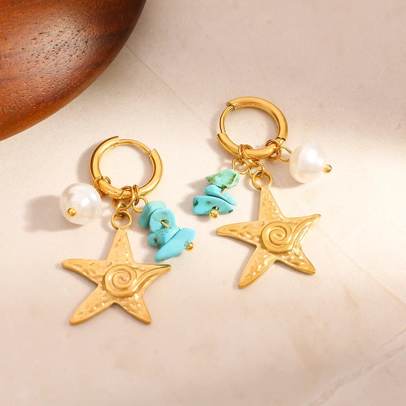 18K Real Gold Plated 304 Stainless Steel Natural Stone Earrings Starfish Pearl Creative Personality Ins Style Fashion Earrings