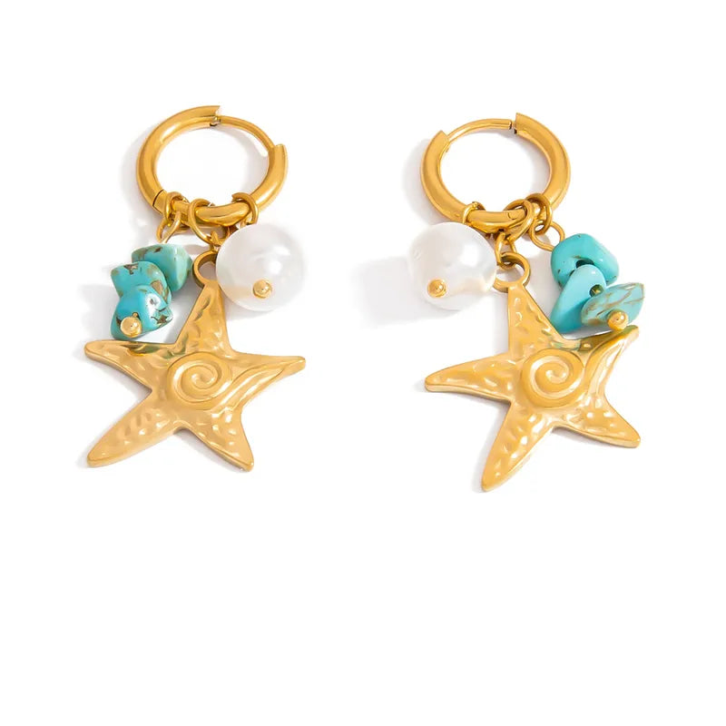 18K Real Gold Plated 304 Stainless Steel Natural Stone Earrings Starfish Pearl Creative Personality Ins Style Fashion Earrings