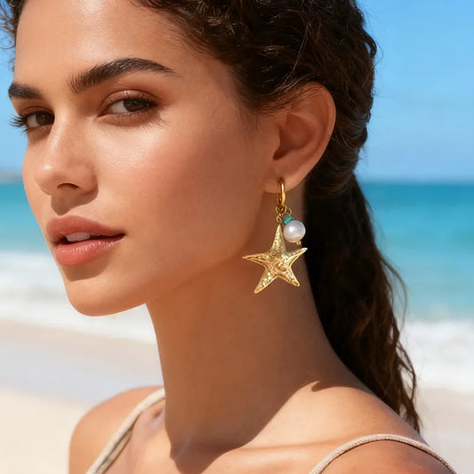 18K Real Gold Plated 304 Stainless Steel Natural Stone Earrings Starfish Pearl Creative Personality Ins Style Fashion Earrings