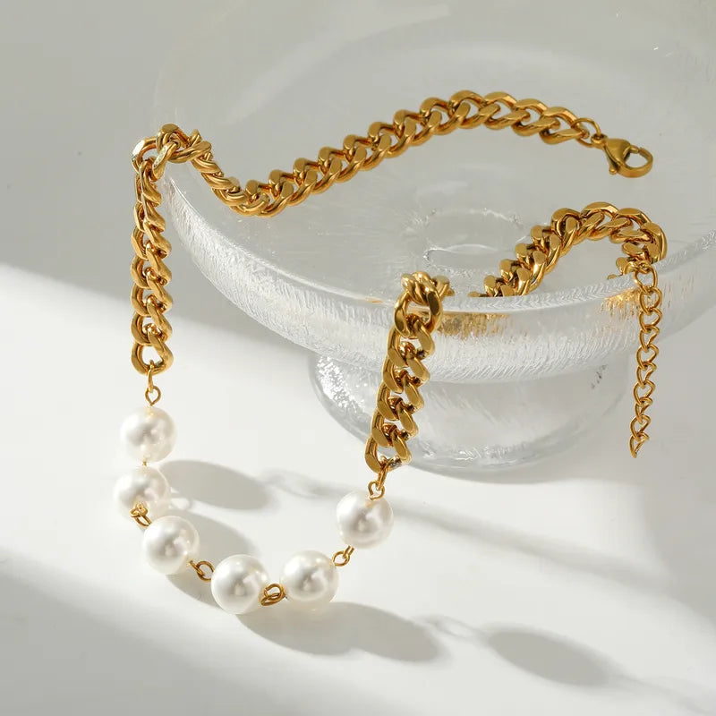 201 Stainless Steel Round Vacuum Electroplating (In Furnace) Plated 18K Real Gold Artificial Pearl Elegant Romantic Lobster Clasp Necklace