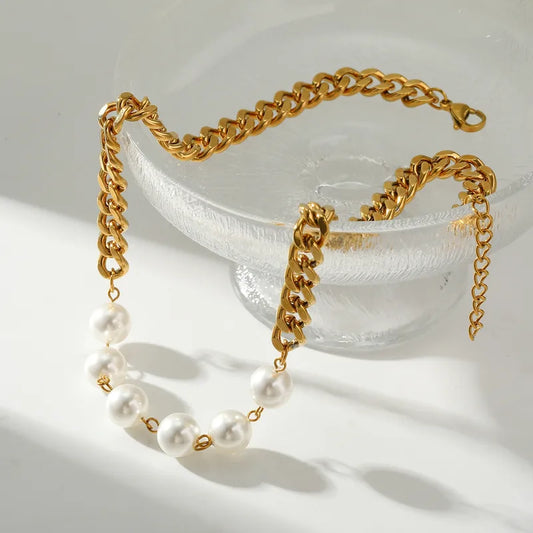 201 Stainless Steel Round Vacuum Electroplating (In Furnace) Plated 18K Real Gold Artificial Pearl Elegant Romantic Lobster Clasp Necklace