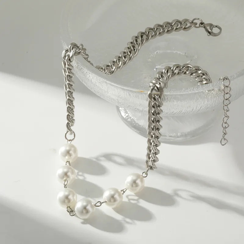 201 Stainless Steel Round Vacuum Electroplating (In Furnace) Plated 18K Real Gold Artificial Pearl Elegant Romantic Lobster Clasp Necklace