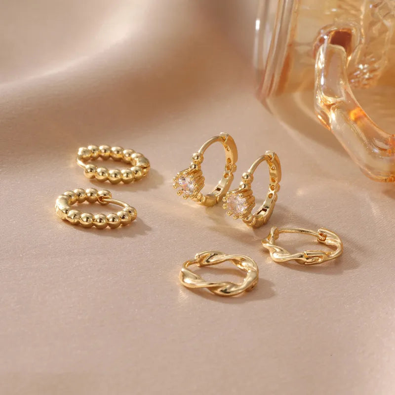 3 Pairs Spiral Inlay Copper Zircon Earrings