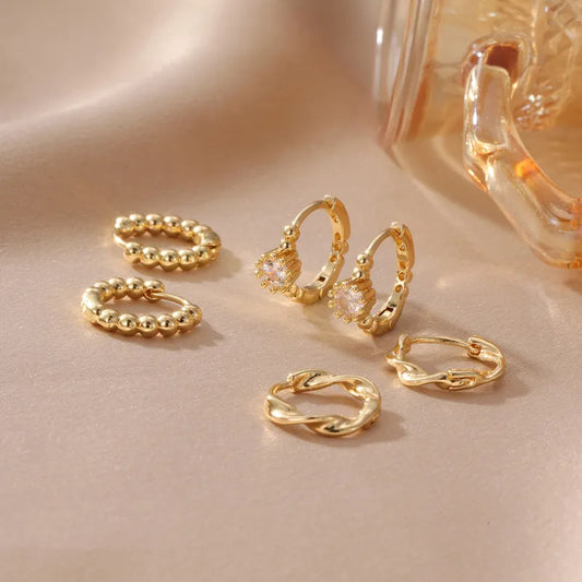 3 Pairs Spiral Inlay Copper Zircon Earrings