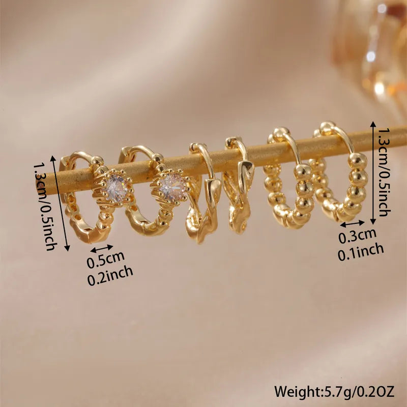 3 Pairs Spiral Inlay Copper Zircon Earrings