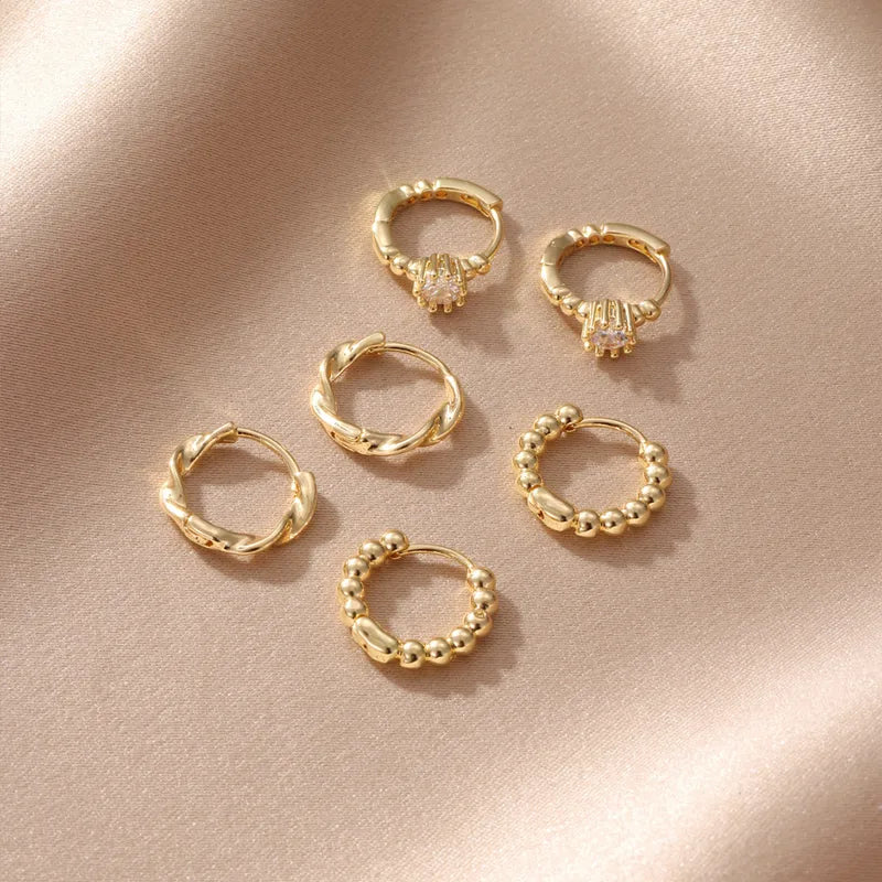 3 Pairs Spiral Inlay Copper Zircon Earrings