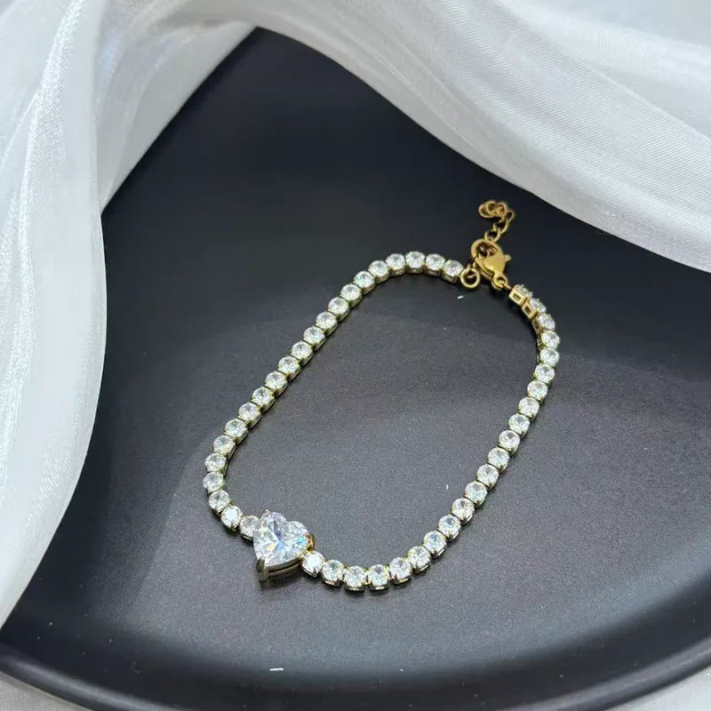 304 Stainless Steel 18K Gold Plated Light Luxury High-Grade Zircon Heart Square Pendant Full Diamond Bracelet Vacuum Electroplated Lobster Clasp For Women