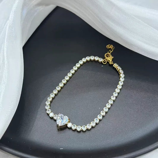 304 Stainless Steel 18K Gold Plated Light Luxury High-Grade Zircon Heart Square Pendant Full Diamond Bracelet Vacuum Electroplated Lobster Clasp For Women