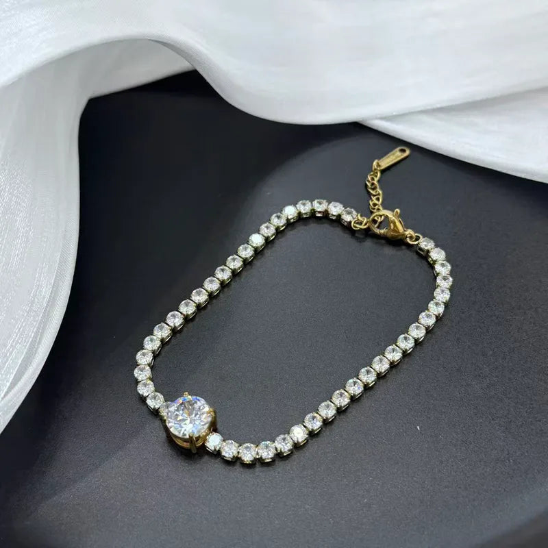 304 Stainless Steel 18K Gold Plated Light Luxury High-Grade Zircon Heart Square Pendant Full Diamond Bracelet Vacuum Electroplated Lobster Clasp For Women