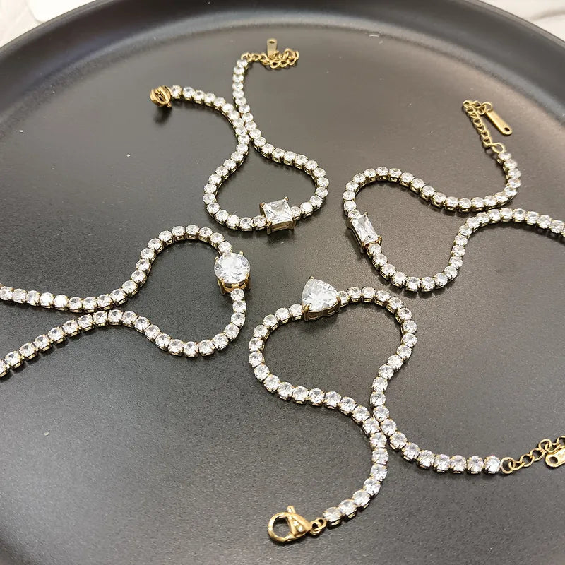 304 Stainless Steel 18K Gold Plated Light Luxury High-Grade Zircon Heart Square Pendant Full Diamond Bracelet Vacuum Electroplated Lobster Clasp For Women