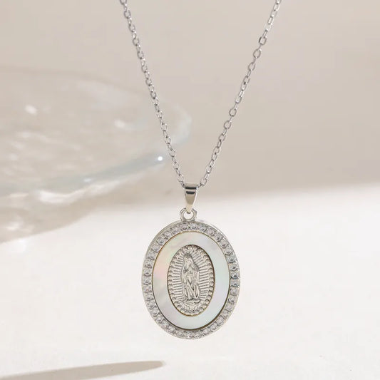 304 Stainless Steel 18K Gold Plated Vacuum Electroplating (In Furnace) Shell Zircon Virgin Mary Oval Religious Copper Pendant Elegant Vintage Inlaid Necklace