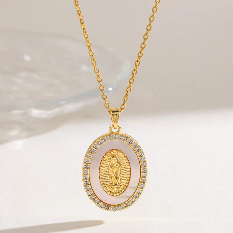 304 Stainless Steel 18K Gold Plated Vacuum Electroplating (In Furnace) Shell Zircon Virgin Mary Oval Religious Copper Pendant Elegant Vintage Inlaid Necklace