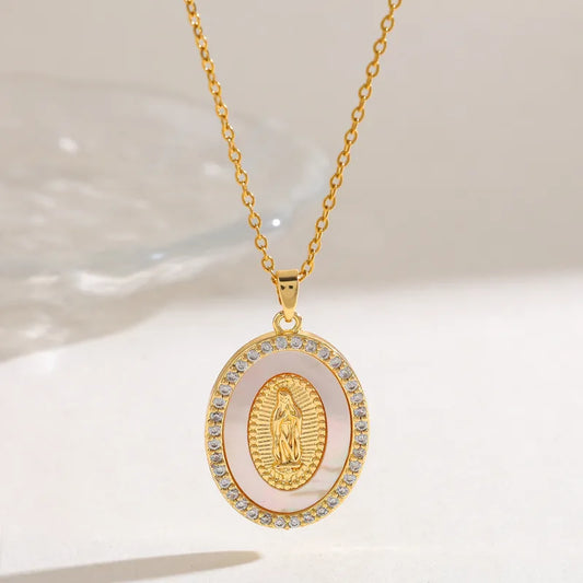 304 Stainless Steel 18K Gold Plated Vacuum Electroplating (In Furnace) Shell Zircon Virgin Mary Oval Religious Copper Pendant Elegant Vintage Inlaid Necklace