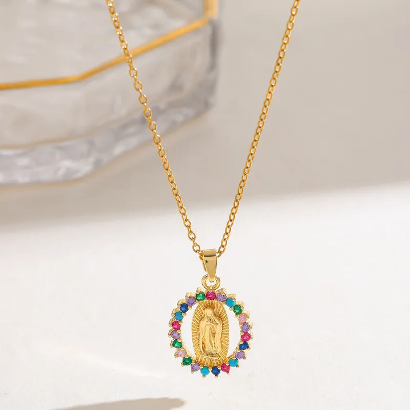 304 Stainless Steel 18K Gold Plated Zircon Vacuum Electroplating (Furnace) Water Plating Virgin Mary Oval Religious Copper Pendant Elegant Retro Simple Style Necklace