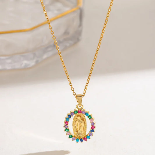 304 Stainless Steel 18K Gold Plated Zircon Vacuum Electroplating (Furnace) Water Plating Virgin Mary Oval Religious Copper Pendant Elegant Retro Simple Style Necklace