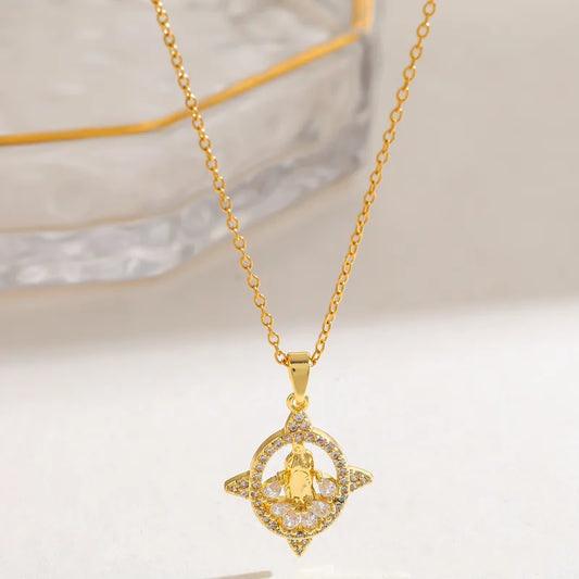 304 Stainless Steel 18K Gold Plated Zircon Vacuum Electroplating (Furnace) Water Plating Virgin Mary Oval Religious Copper Pendant Elegant Retro Simple Style Necklace