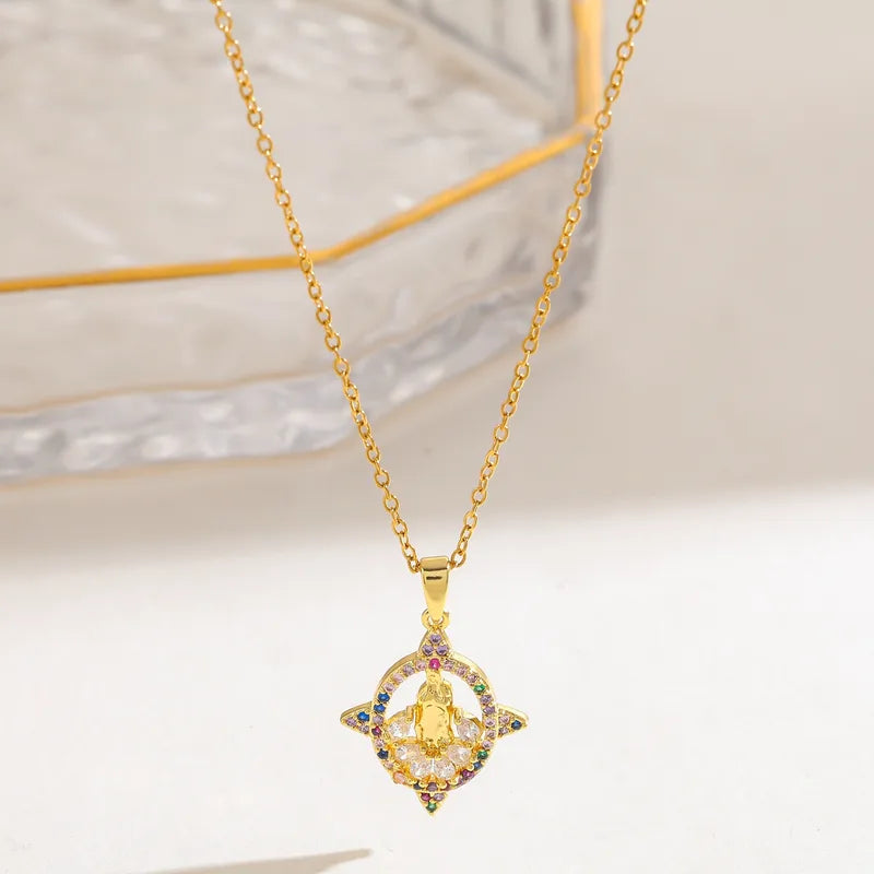 304 Stainless Steel 18K Gold Plated Zircon Vacuum Electroplating (Furnace) Water Plating Virgin Mary Oval Religious Copper Pendant Elegant Retro Simple Style Necklace