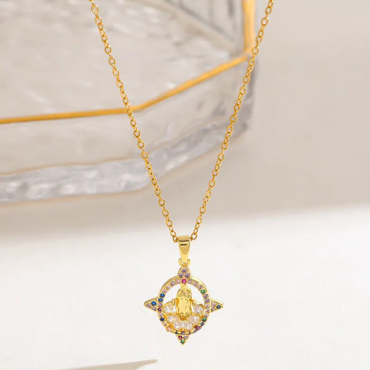 304 Stainless Steel 18K Gold Plated Zircon Vacuum Electroplating (Furnace) Water Plating Virgin Mary Oval Religious Copper Pendant Elegant Retro Simple Style Necklace