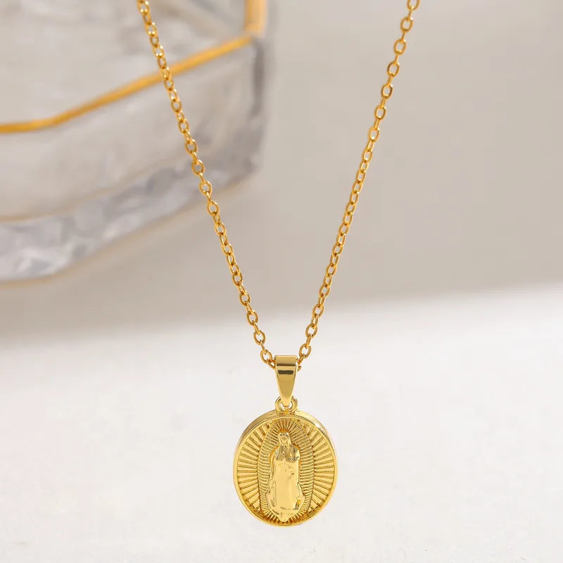 304 Stainless Steel 18K Gold Plated Zircon Vacuum Electroplating (Furnace) Water Plating Virgin Mary Oval Religious Copper Pendant Elegant Retro Simple Style Necklace