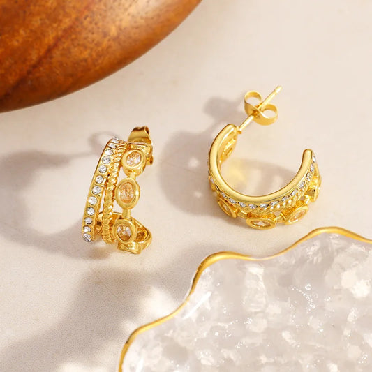 304 Stainless Steel C-Shaped Vacuum Electroplating (In Furnace) 18K Real Gold Plated Inlaid With Imitation Pearl Rhinestone Zircon Fashion OL Elegant Earrings