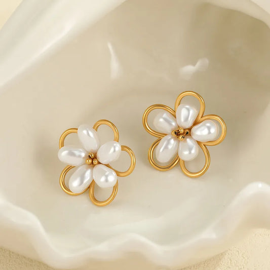 304 Stainless Steel Flower Earrings Pearl Studs Handmade Vacuum Electroplated 18K Real Gold Simple Ear Jewelry