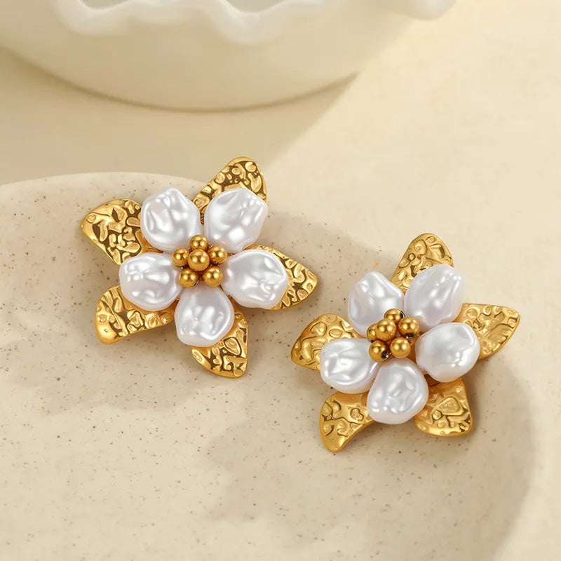 304 Stainless Steel Flower Earrings Pearl Studs Handmade Vacuum Electroplated 18K Real Gold Simple Ear Jewelry