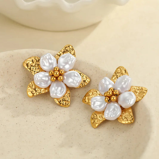 304 Stainless Steel Flower Earrings Pearl Studs Handmade Vacuum Electroplated 18K Real Gold Simple Ear Jewelry
