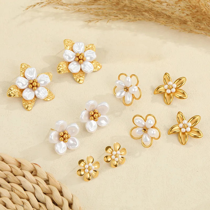 304 Stainless Steel Flower Earrings Pearl Studs Handmade Vacuum Electroplated 18K Real Gold Simple Ear Jewelry