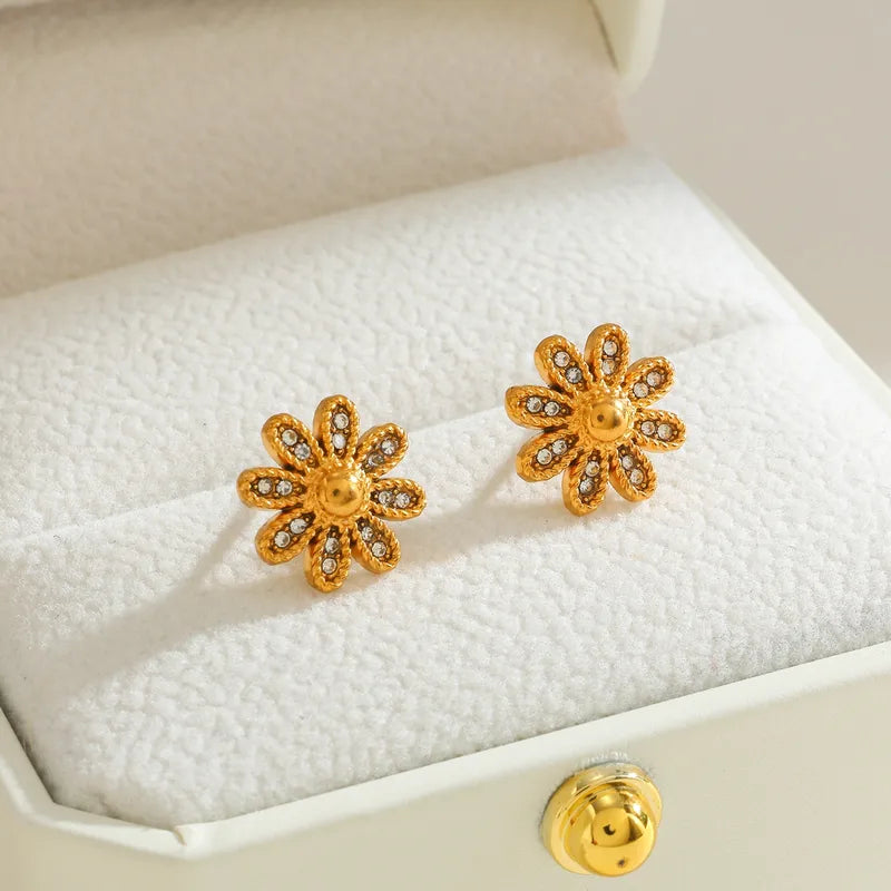 304 Stainless Steel Flower Vacuum Electroplating (In Furnace) Plated 18K Real Gold Zircon Sweet Casual Earrings