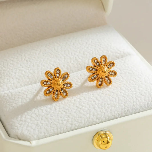 304 Stainless Steel Flower Vacuum Electroplating (In Furnace) Plated 18K Real Gold Zircon Sweet Casual Earrings