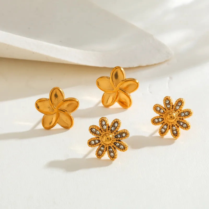 304 Stainless Steel Flower Vacuum Electroplating (In Furnace) Plated 18K Real Gold Zircon Sweet Casual Earrings