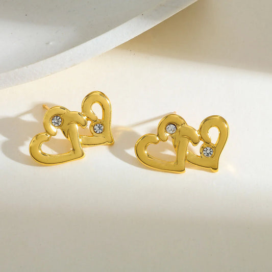 304 Stainless Steel Heart-Shaped Vacuum Electroplated (In Furnace) Zirconia Plated 18K Real Gold Elegant Retro Gold Earrings