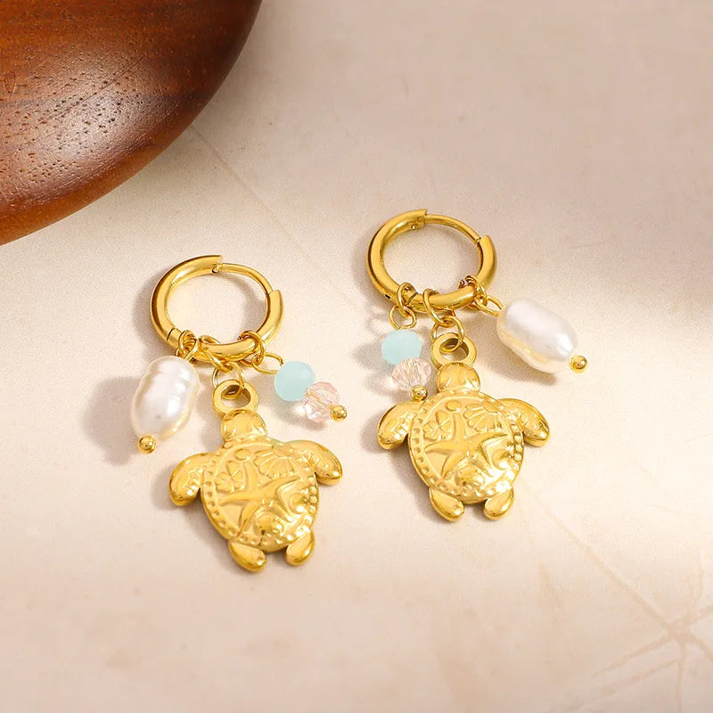 304 Stainless Steel Imitation Pearl Glass Tortoise Pearl PVD Coated Stone-Free 18K Real Gold Plated Earrings